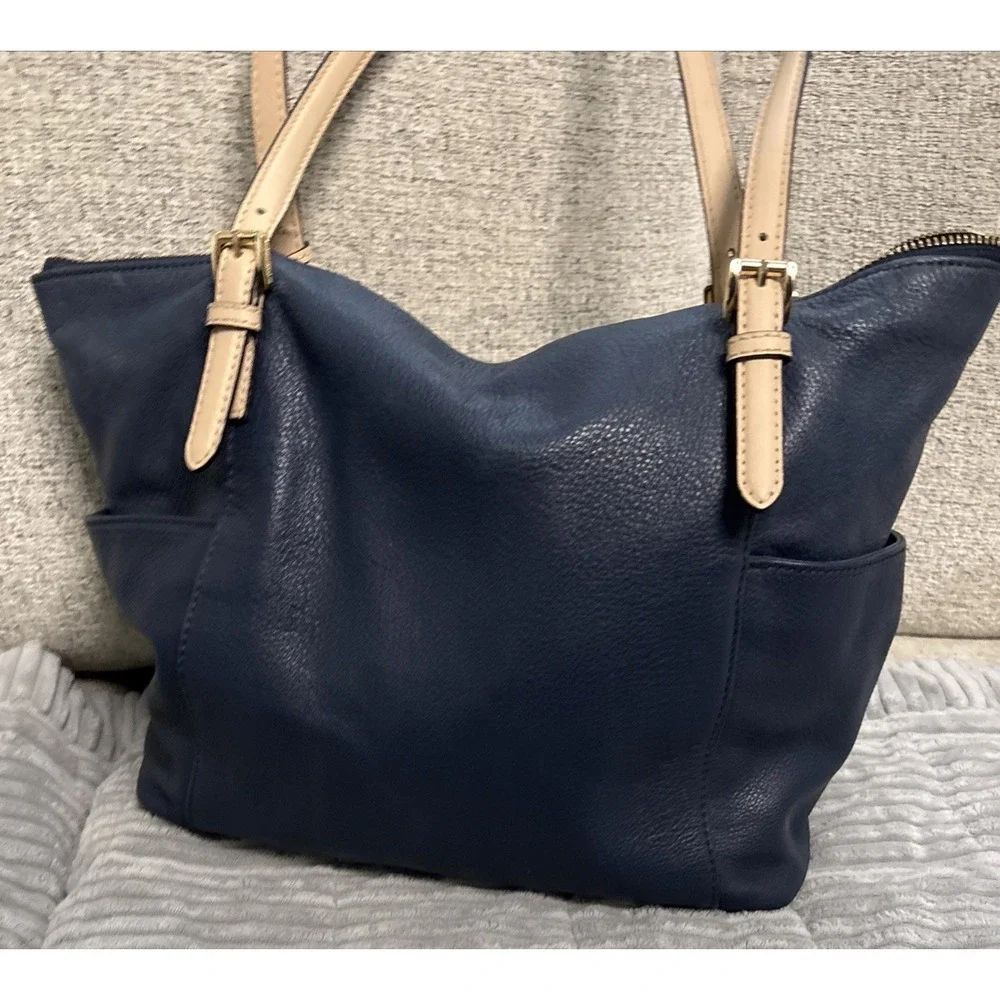 Michael Kors Navy Zip Top Tote Bag Gold Hardware w/ MK Charm Lined Pockets